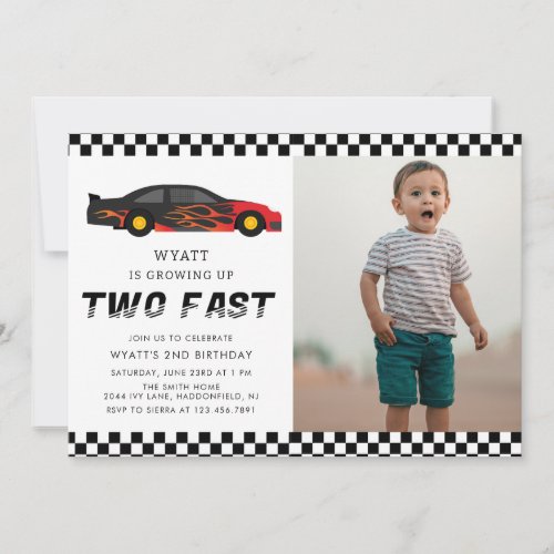 Modern Two Fast Racecar Boy 2nd Birthday Invitation