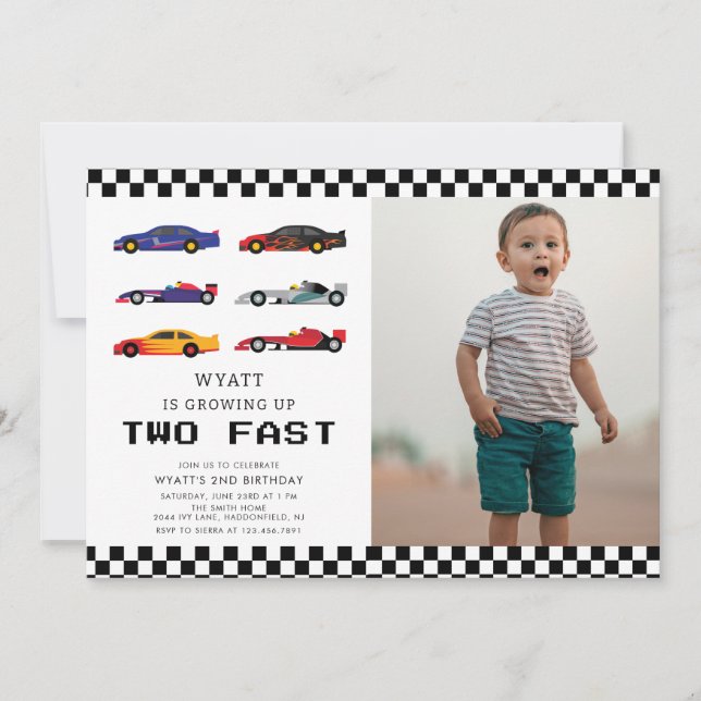 Modern Two Fast Racecar Boy 2nd Birthday Invitation (Front)