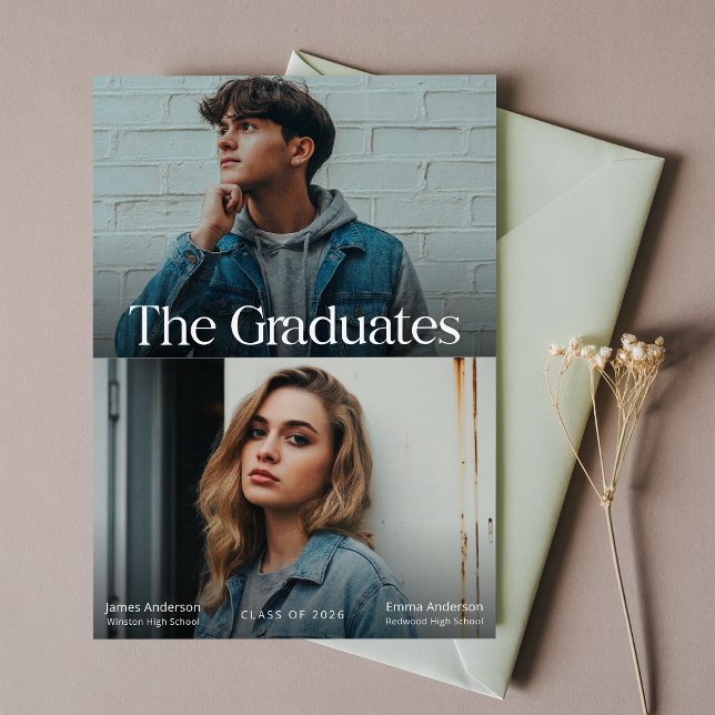 Modern Two Graduates Twin Joint Graduation Party Postcard (Creator Uploaded)