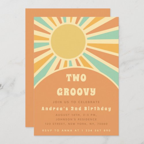 Modern Two Groovy Retro Sunshine Sun 1st Birthday Invitation