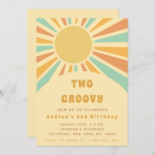 Modern Two Groovy Retro Sunshine Sun 1st Birthday  Invitation