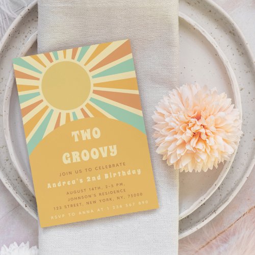 Modern Two Groovy Retro Sunshine Sun 1st Birthday  Invitation