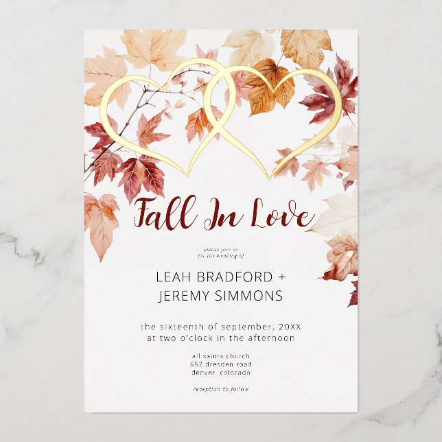 Modern Two Hearts Fall In Love Wedding Foil Invitation (Front)