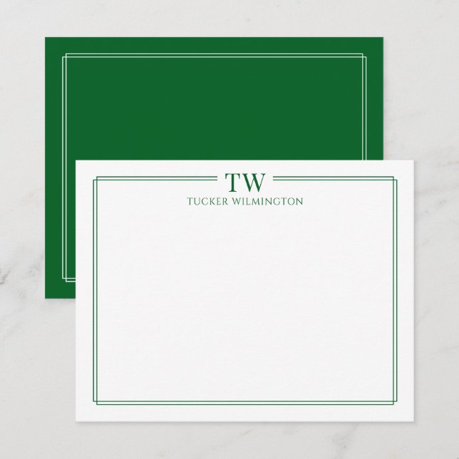 Modern Two Initials Light Green Border Stationery Note Card (Front/Back)
