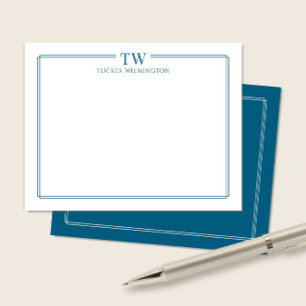 Modern Two Initials Ocean Blue Border Stationery Note Card