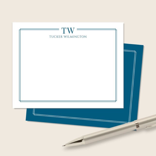 Modern Two Initials Ocean Blue Border Stationery Note Card (Creator Uploaded)
