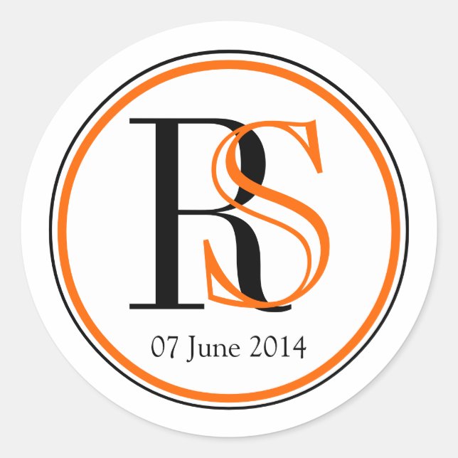 Modern Two Initials Orange Black Wedding Classic Round Sticker (Front)