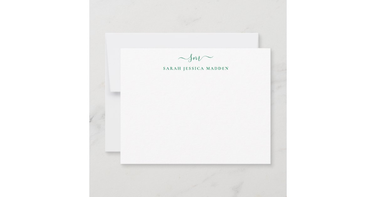 Modern Two Monogram Girly Script Forest Green Note Card | Zazzle