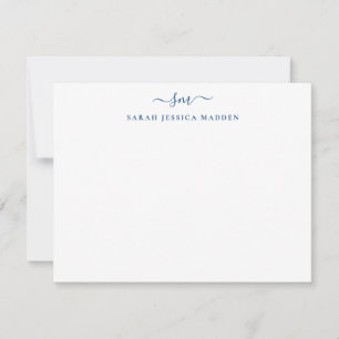 Modern Two Monogram Girly Script Navy Blue Note Card