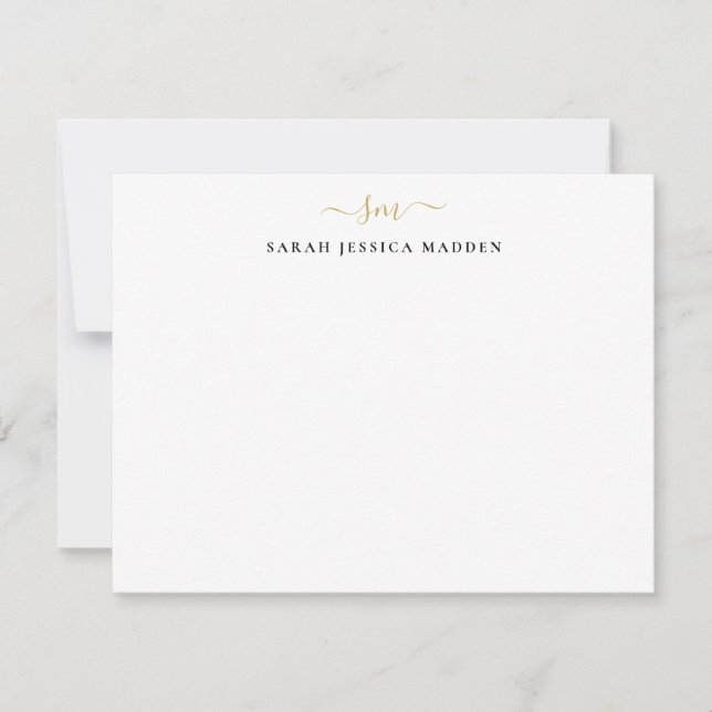 Modern Two Monogram Initial Girly Script Gold Note Card (Front)