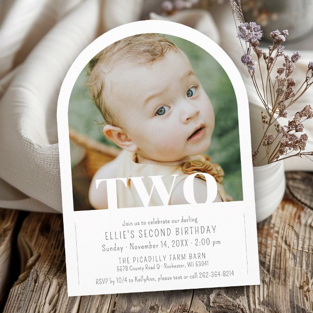 Modern TWO Photo Arch Girl Boy 2nd Birthday Party Invitation (Printable TWO cute photo arch minimalist modern children kids girl or boy birthday party invitation)