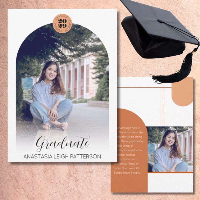 Modern Two Photo Arch Script Terracotta Graduation Announcement (Creator Uploaded)