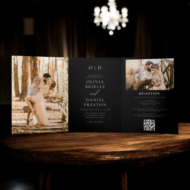 Modern Two Photo Black Wedding Tri-Fold Invitation (Creator Uploaded)