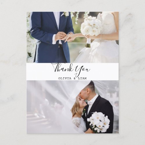 Modern Two Photo Black  White Wedding Thankyou Postcard