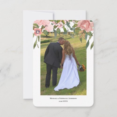 Modern Two Photo Blush Rose Floral Wedding Thank You Card