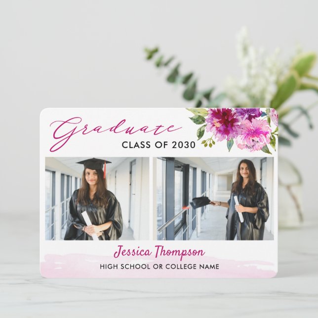 Modern Two Photo Collage Floral Graduation Party Invitation (Standing Front)