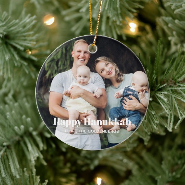 Modern two photo double sided custom text Hanukkah Ceramic Ornament (Tree)
