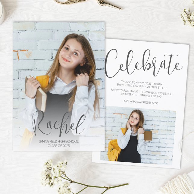 Modern Two Photo Graduation Invitation (Modern Script Photo Graduation Announcement)