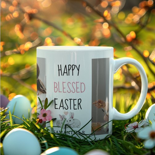 Modern Two Photo  Happy Blessed Easter  Bunny Coffee Mug