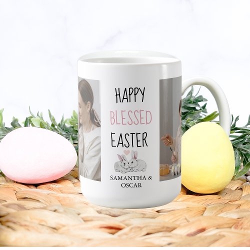 Modern Two Photo  Happy Blessed Easter  Bunny Coffee Mug