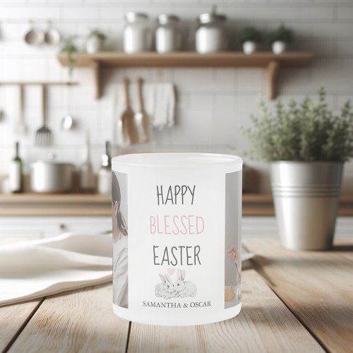 Modern Two Photo  Happy Blessed Easter  Bunny Frosted Glass Coffee Mug