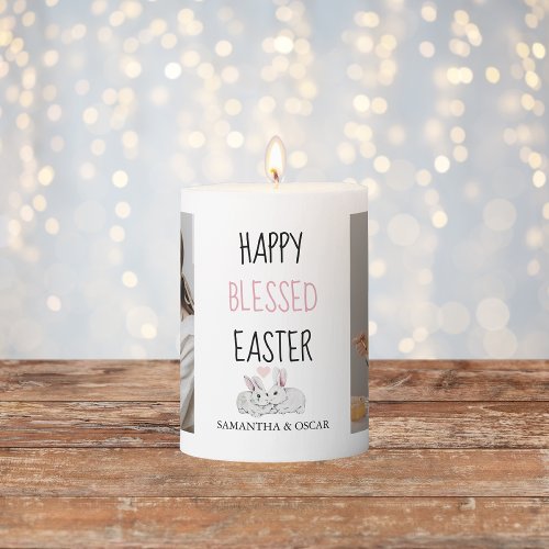 Modern Two Photo  Happy Blessed Easter  Bunny Pillar Candle