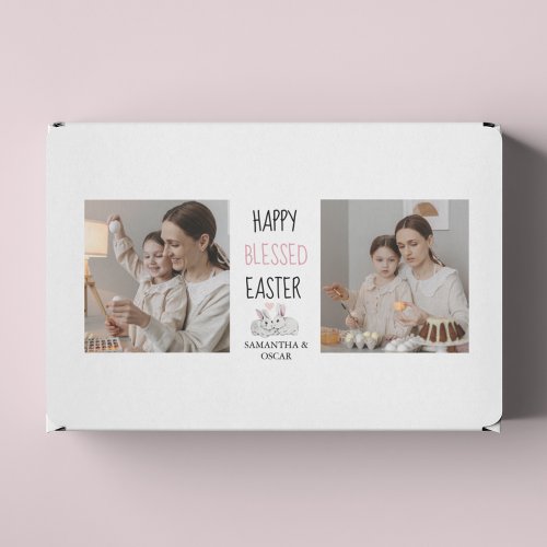 Modern Two Photo  Happy Blessed Easter  Bunny Rectangular Sticker