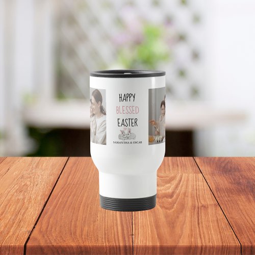 Modern Two Photo  Happy Blessed Easter  Bunny Travel Mug