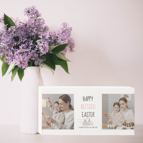 Modern Two Photo  Happy Blessed Easter  Bunny Wooden Box Sign