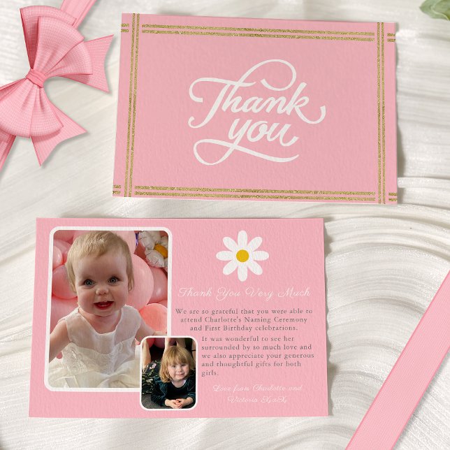 Modern Two Photo Pink White Gold Daisy Thank you Invitation (Creator Uploaded)