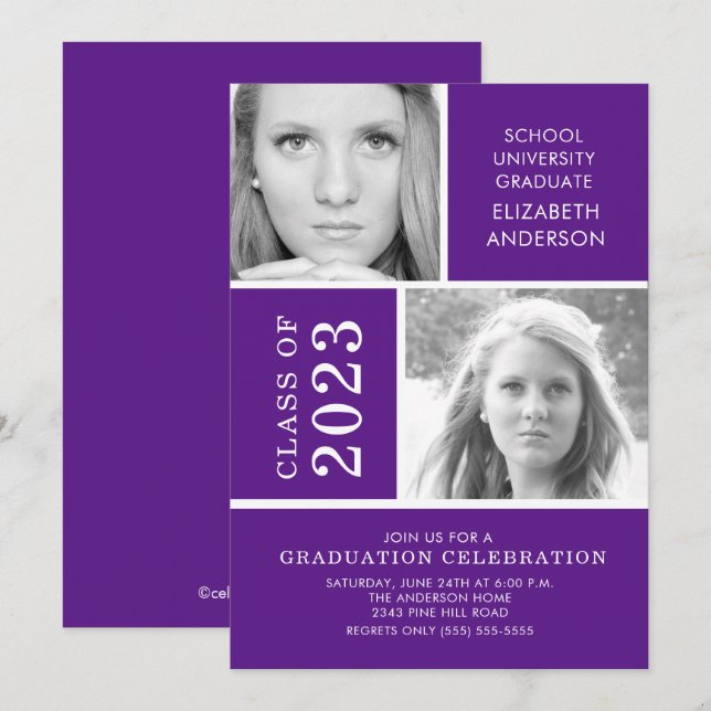 Modern Two Photo Purple Graduation Invitation (Front/Back)