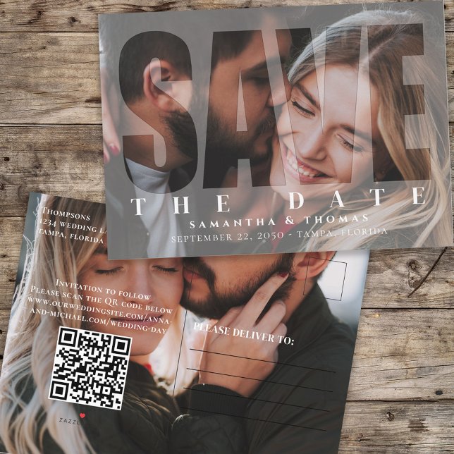 Modern Two Photo QR Code Save the Date Overlay Announcement Postcard (Creator Uploaded)