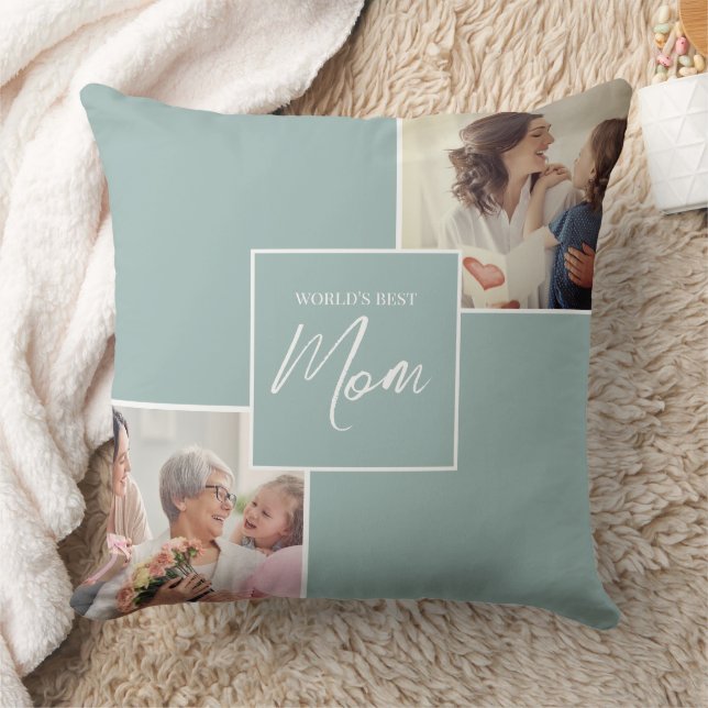 Modern Two Photo World's Best Mom Throw Pillow (Blanket)