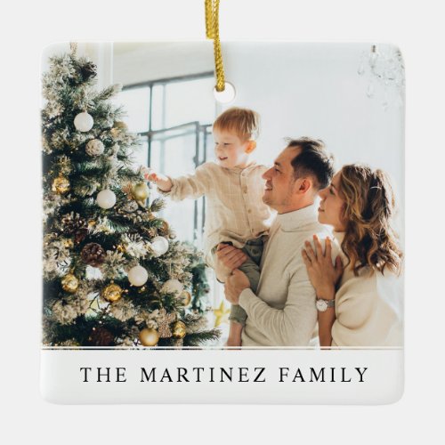 Modern Two Sided Family Name Christmas Photo  Ceramic Ornament
