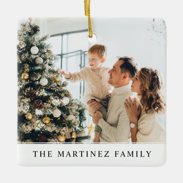 Modern Two Sided Family Name Christmas Photo  Ceramic Ornament (Front)