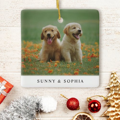 Modern Two Sided Pet Dog Name Christmas Photo Ceramic Ornament