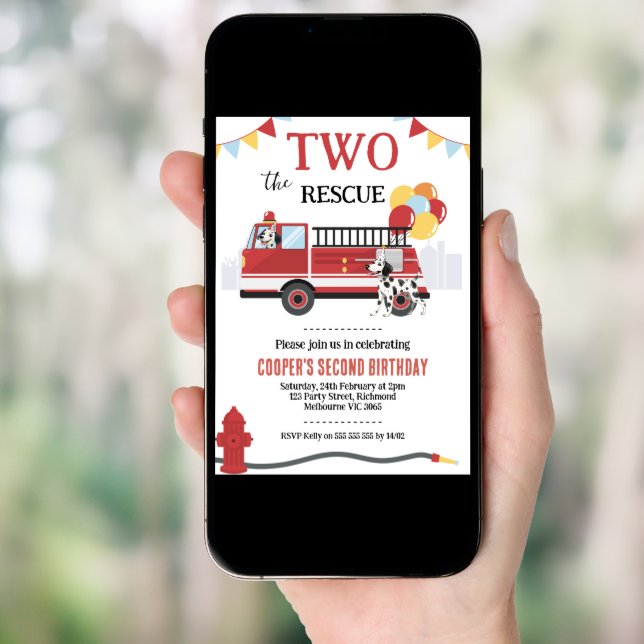 Modern Two The Rescue Fire Engine 2nd Birthday Invitation (Front Digital)