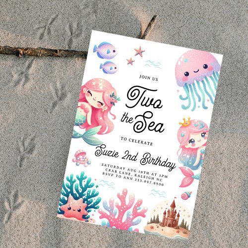 Modern Two the Sea Mermaids 2nd Birthday Party  Invitation