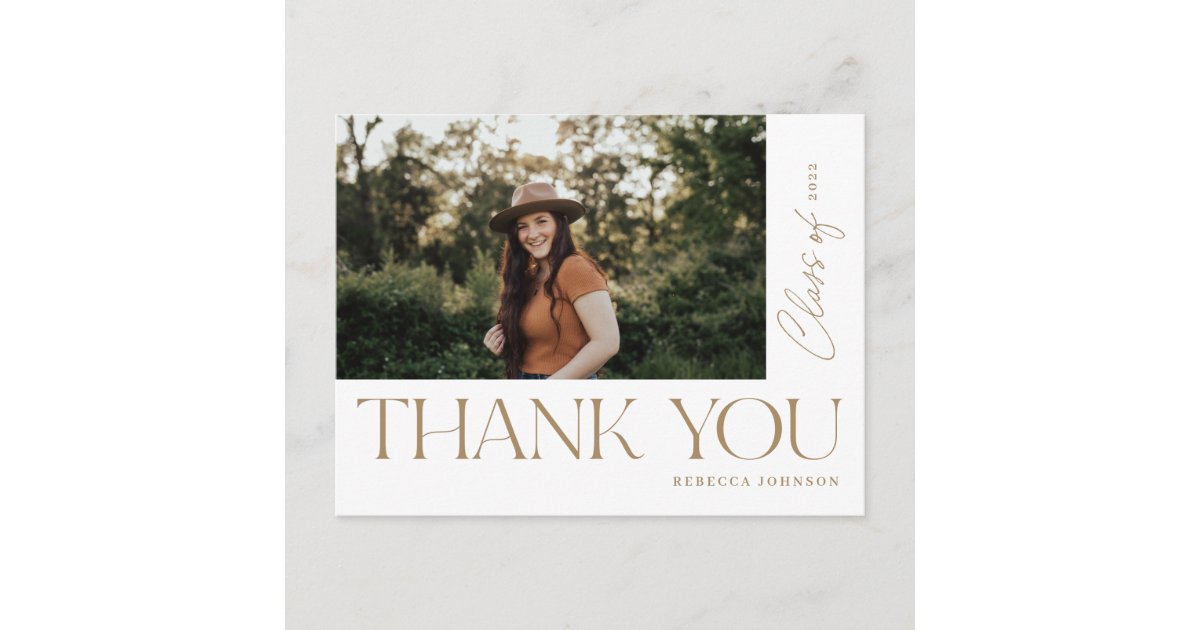 Modern Type Graduation Thank You Photo Gold Postcard | Zazzle