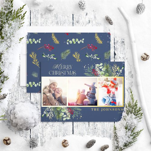 Modern Type Navy Blue Merry Christmas Pine Photo Foil Holiday Card