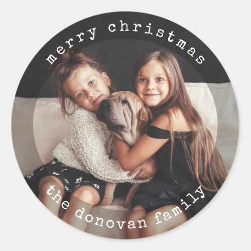 Modern Typewriter  Black and White Holiday Photo Classic Round Sticker