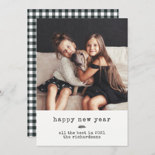 Modern Typewriter Happy New Year Black Gingham Holiday Card
