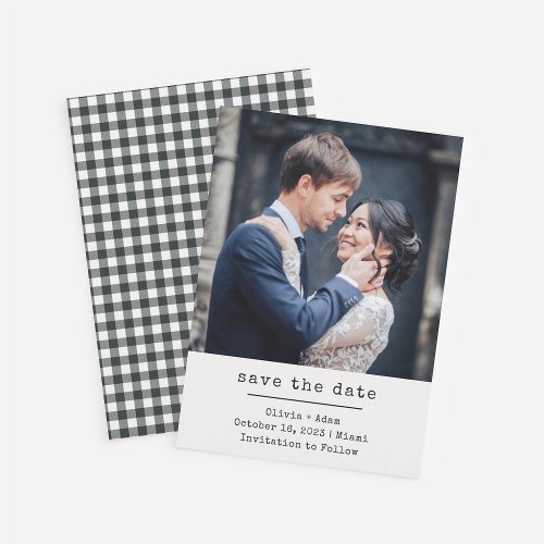 Modern Typewriter  Your Photo and Black Gingham Save The Date