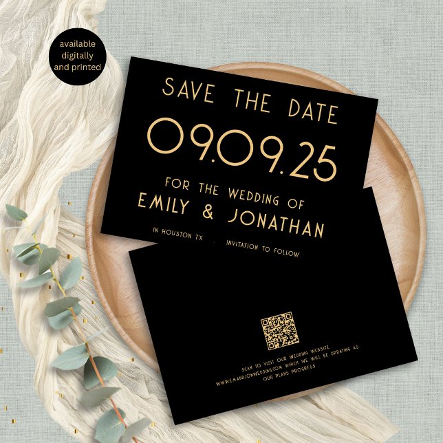 Modern Typograph Black Gold Wedding Save The Date (Front and back view)