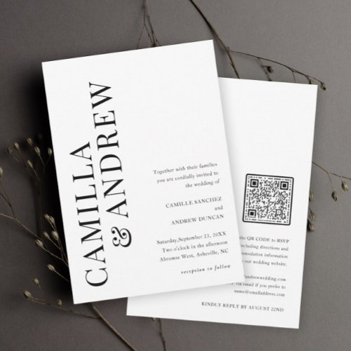 Modern Typographic Black and White QR code Wedding Invitation