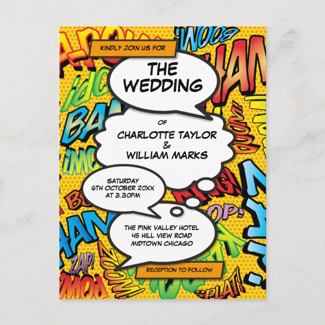 Modern Typographic Designer Fun Comic Wedding Invitation Postcard (Front)