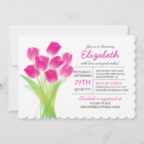 Modern typographic Pink Tulip Bridal Shower Invitation