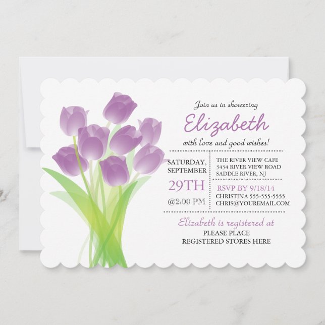 Modern typographic Purple Tulip Bridal Shower Invitation (Front)
