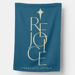 Modern, typographic REJOICE & star Christmas House Flag