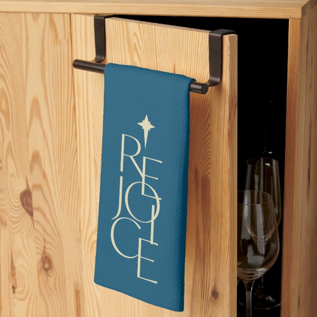 Modern, typographic REJOICE & star Christmas Kitchen Towel (Thirds Fold)